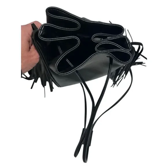 Victoria’s Secret Black Drawstring Fringed Backback Tote Faux Leather NWOT - Picture 5 of 11